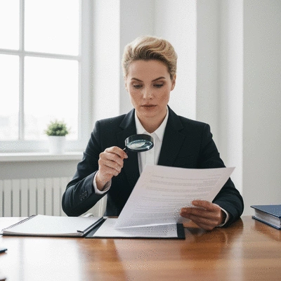 Person reviewing legal documents with a magnifying glass, symbolizing attention to detail in employment law.