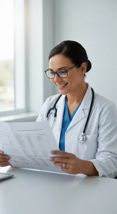 Medical professional reviewing a patient's chart, with focus on patient privacy and detailed documentation