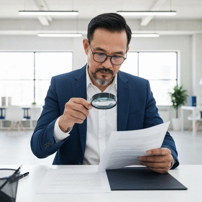 Person reviewing legal documents with a magnifying glass, representing attention to detail in claims