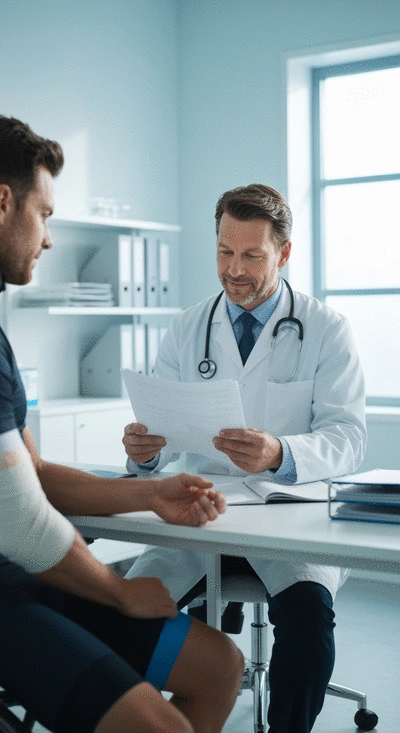 Cyclist consulting with a doctor about their injuries after an accident