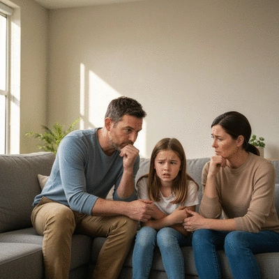 Modern apartment interior with a British family discussing housing issues