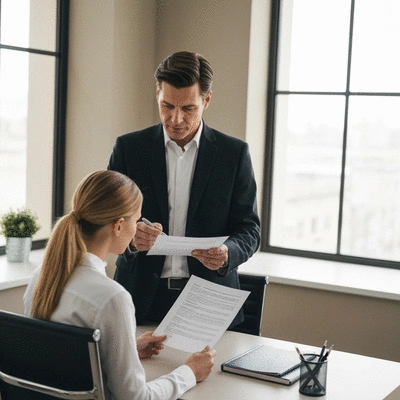 Legal professional consulting with a tenant in an office setting, highlighting documents