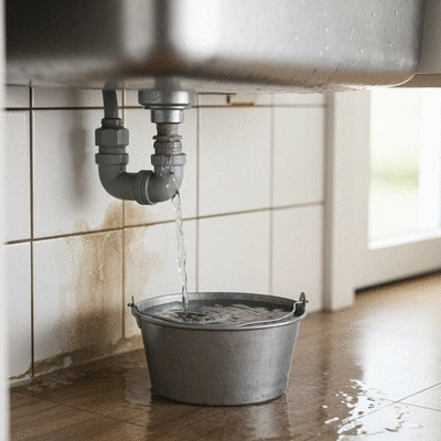 Close-up of a leaking pipe under a sink with a bucket catching drips, showing water damage, no text, no words, no typography, clean image
