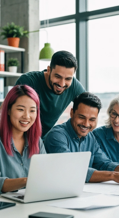 Diverse group of employees of varying ages collaborating in a modern office space, smiling and engaged