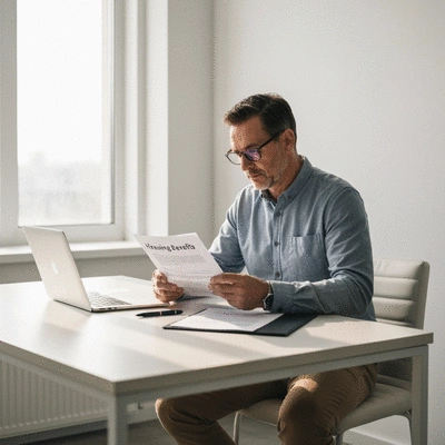 Person reviewing housing benefit documents at a desk