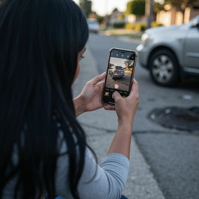 Person taking photos of car accident scene with phone for evidence collection