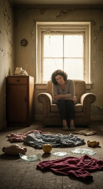 Photograph of damaged personal possessions and a person looking unwell, symbolizing health impacts, in a home environment affected by disrepair.