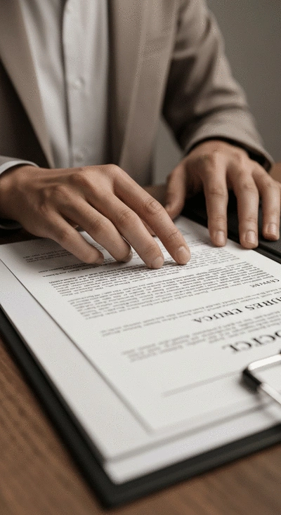 Person reviewing legal documents, focus on details and seriousness